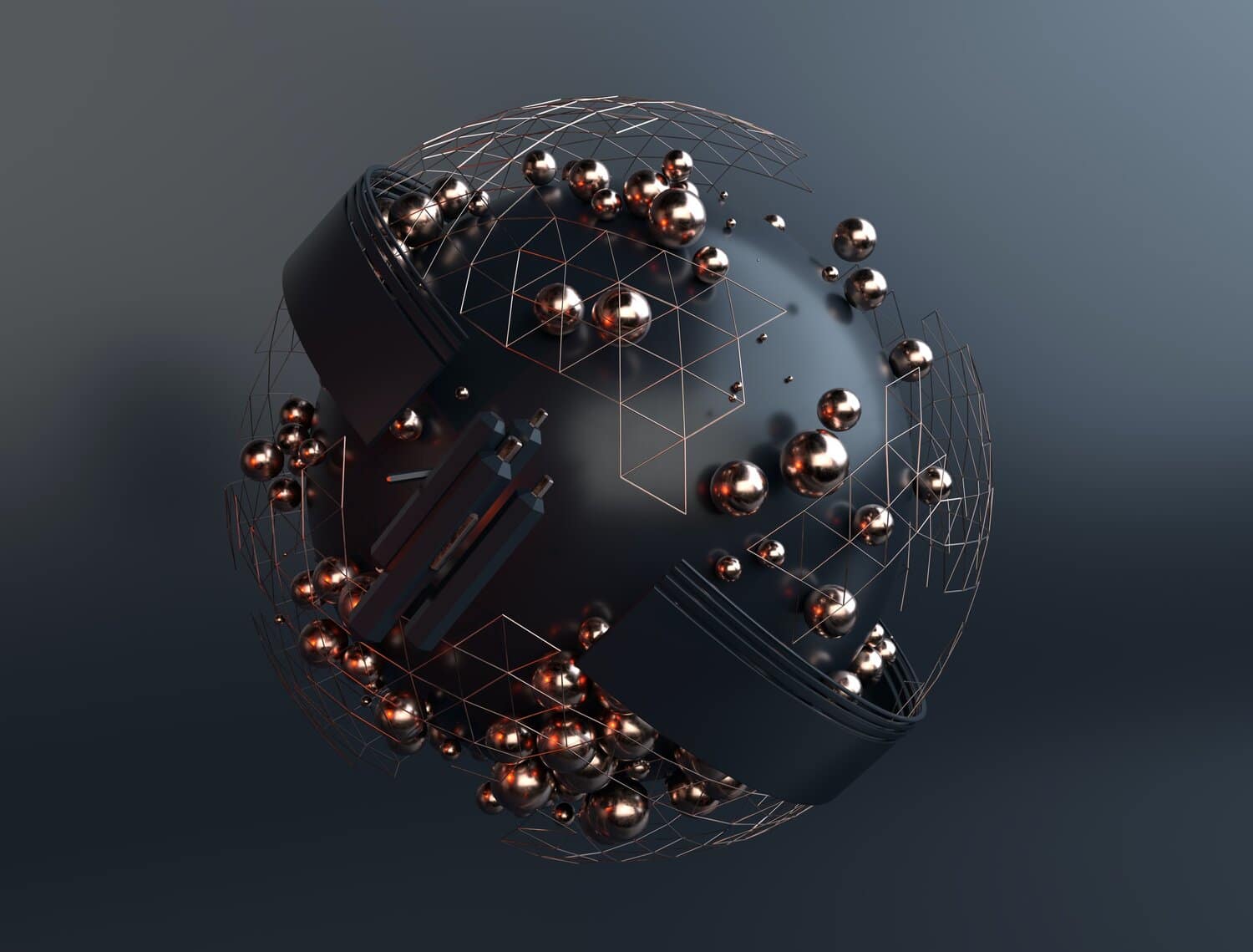 Spherical abstract structure with metallic spheres and connecting lines, suggesting network connectivity.