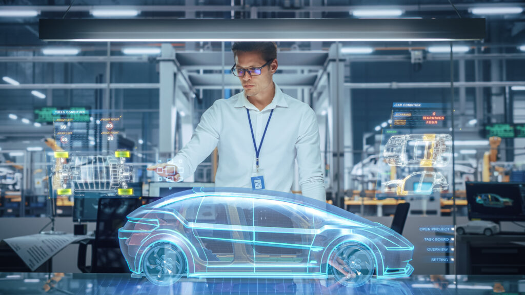 A vehicle manufacturer using AI and digital twins to create cars and troubleshoot maintenance 