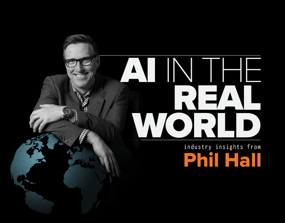 Portrait of Philip Hall graphic with text AI IN THE REAL WORLD