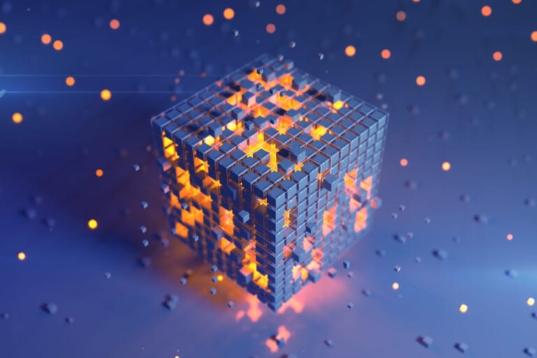 Digital cube with particles on a blue background, symbolizing technology and data