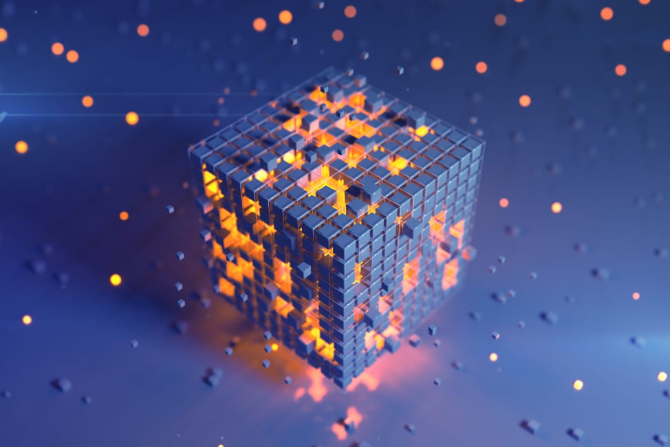 Digital cube with particles on a blue background, symbolizing technology and data