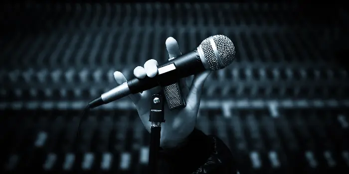 Microphone in a hand for audio recording and subsequent audio labeling