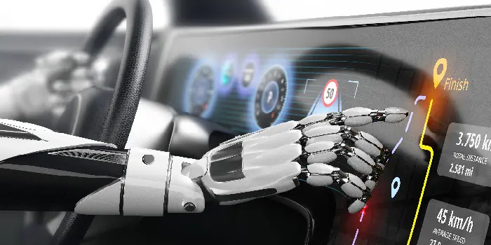 A robotic hand operates a digital display in a car, symbolizing autonomous systems.