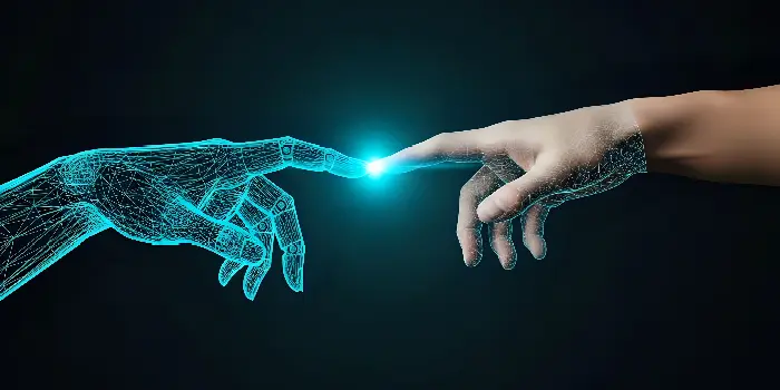 Human Computation - The finger of a human hand touches the finger of a virtual hand.