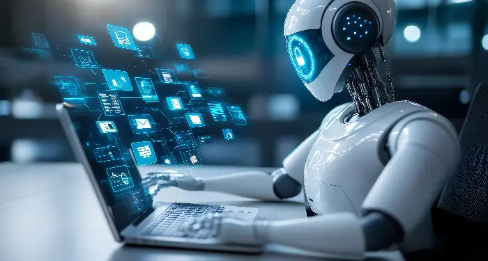 Social Bots illustration - robot working at a laptop