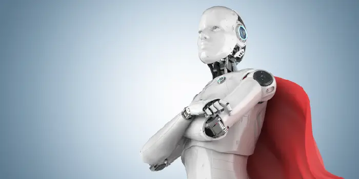 Robot wearing a Superman cape to symbolize strong AI