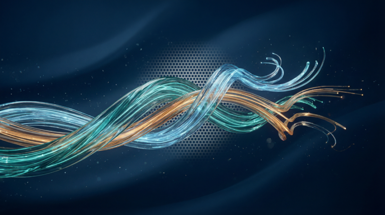 Abstract waveform with branching paths and ambient particles representing agentic audio data collection