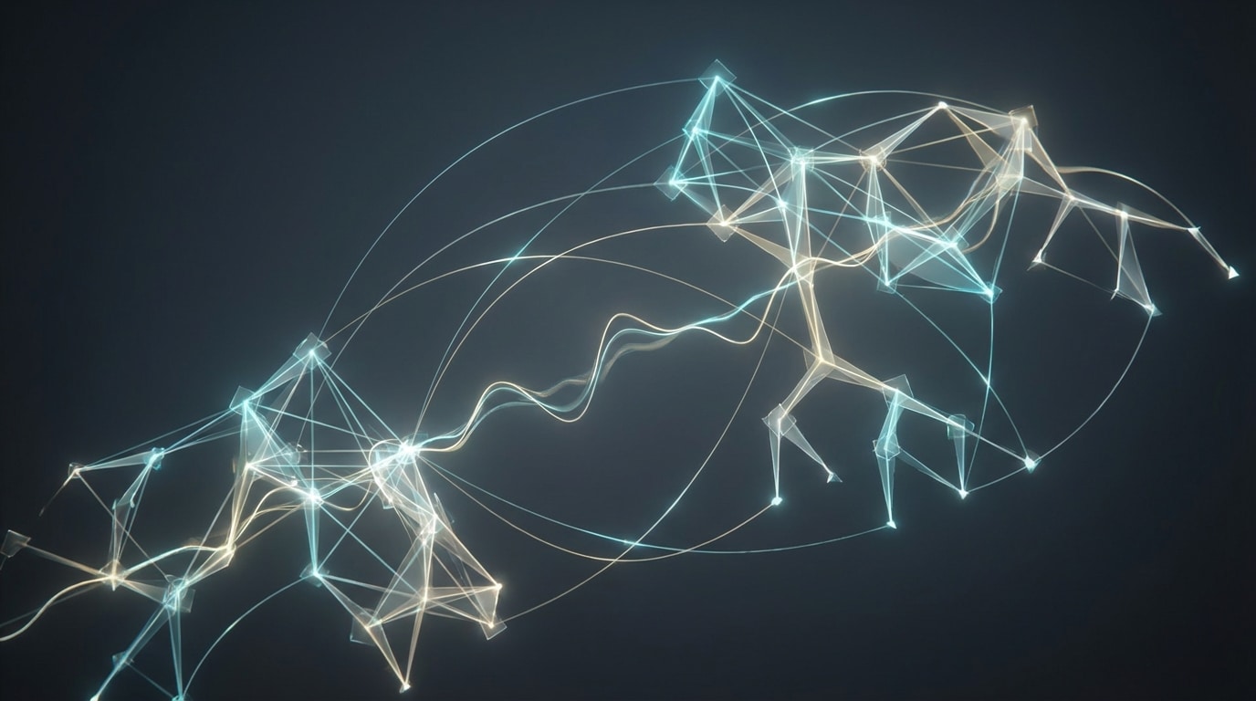 Luminous lattice of nodes and arcs with a diagonal waveform suggesting computational linguistics and LLM structure