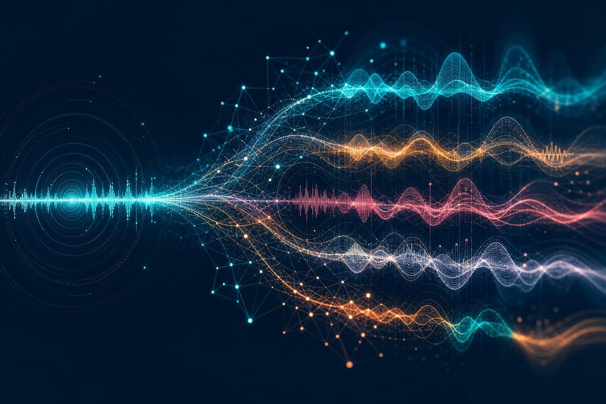 Abstract synthetic voice waveforms branching into multiple tonal variations