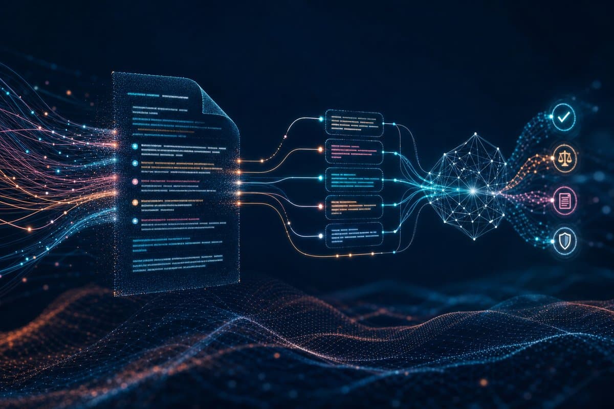 AI contract analysis: a legal document parsed into structured clauses flowing through an AI validation network
