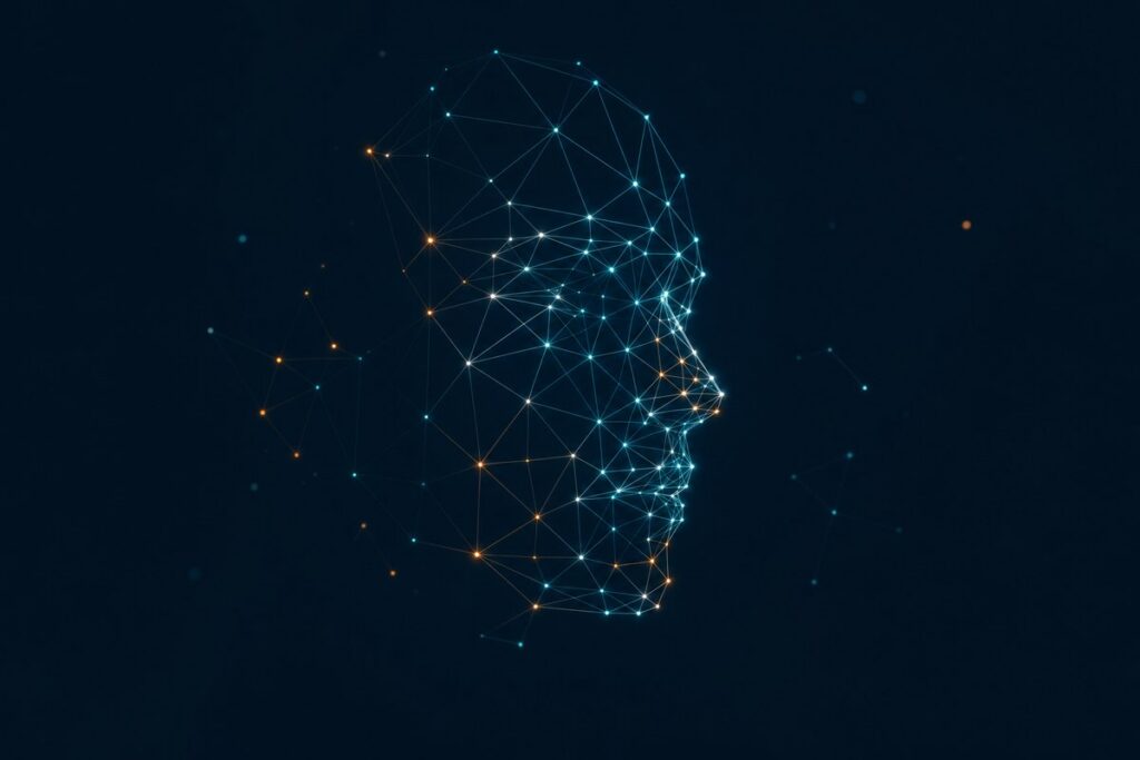 Abstract glowing wireframe mesh of a human face built from luminous landmark points, representing facial recognition and deduplication data