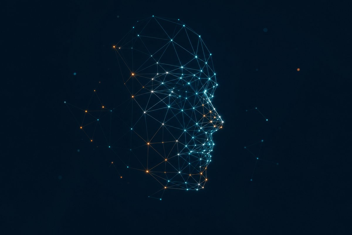 Abstract glowing wireframe mesh of a human face built from luminous landmark points, representing facial recognition and deduplication data