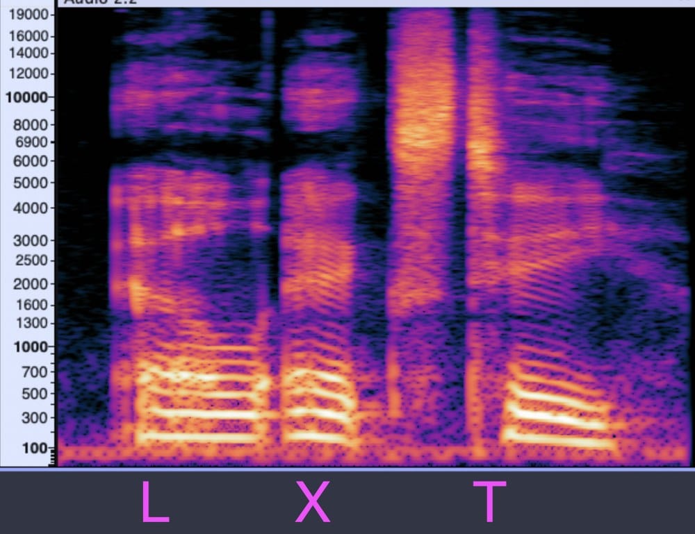 Spectrogram of a speaker saying LXT, with electrical signal noise visible as a band around 60 Hz