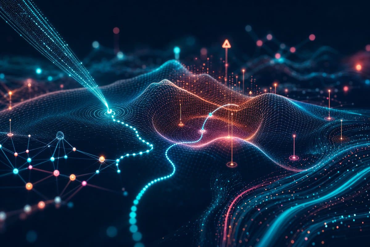 Abstract visualization of adversarial red-teaming and AI model risk surface mapping