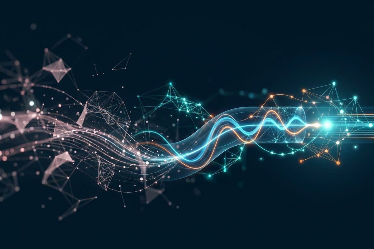 Abstract visualization of work migrating from a thinning anonymous crowd network to a structured managed data pipeline