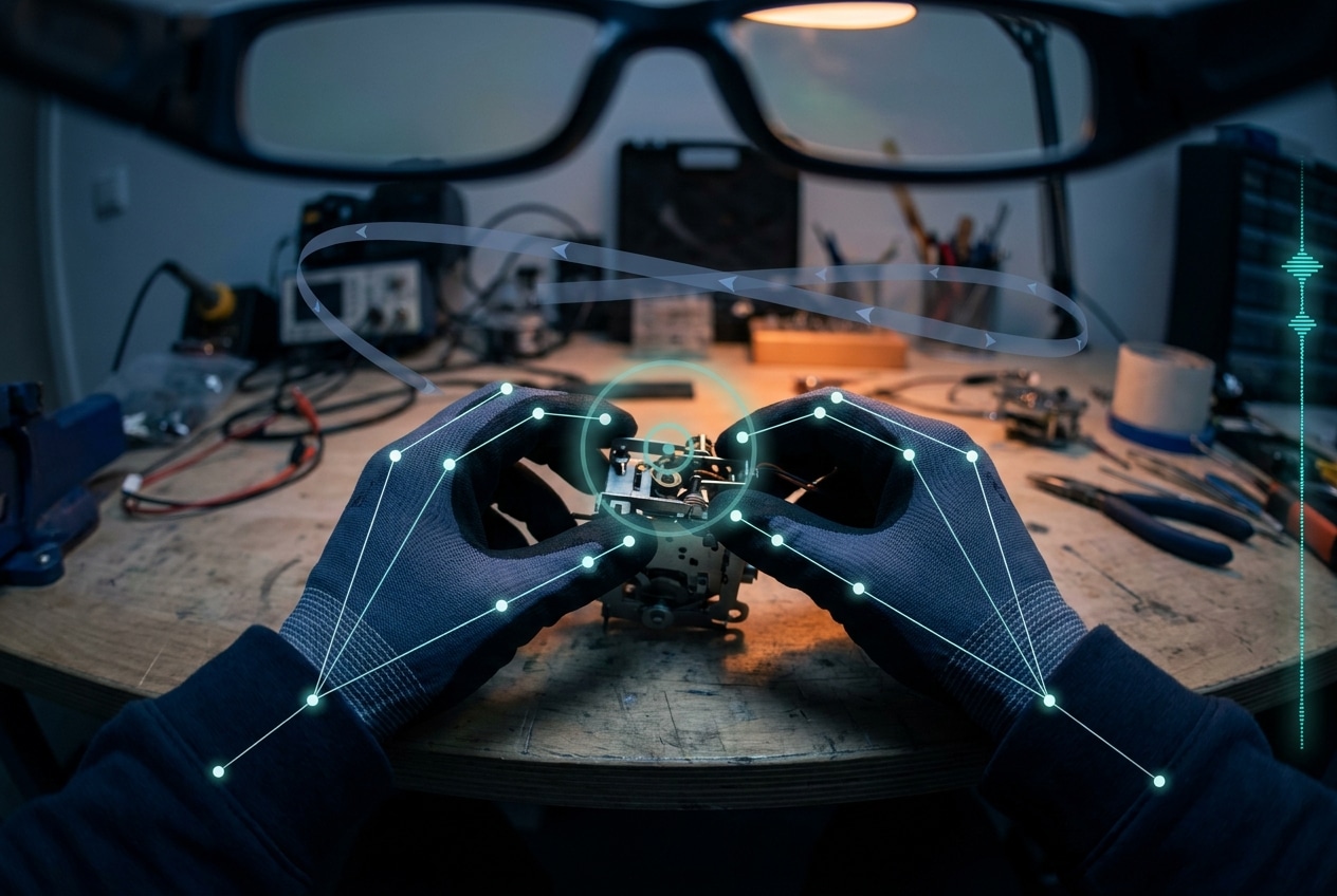 First-person view through smart glasses of gloved hands assembling a mechanical part, with hand-landmark keypoints, a gaze reticle and a sensor trace overlaid, illustrating annotated egocentric video data collection